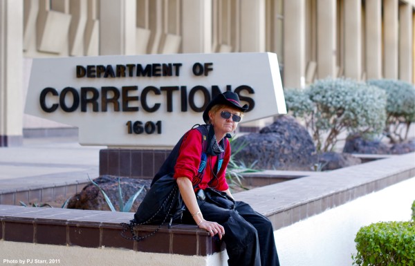 Peggy Plews of Arizona Prison Watch at a chalking action in 2011